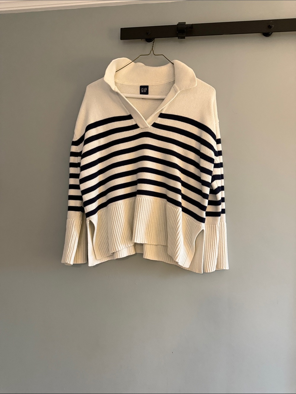 GAP Cream and Navy Striped V-Neck Collared Sweater